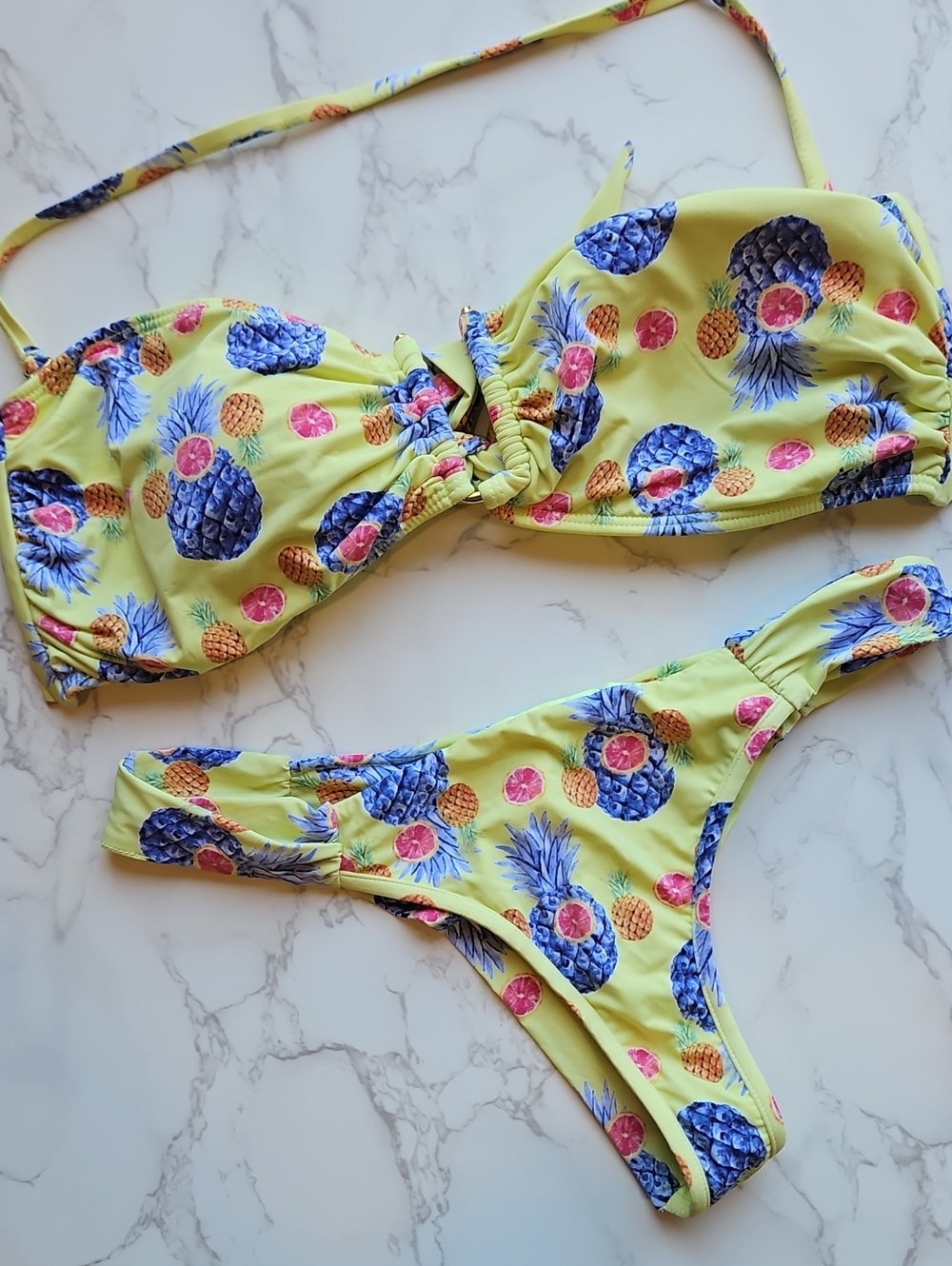 Despi Brazilian Cheeky Pineapple Print Yellow Bikini Swimsuit M/L NWOT